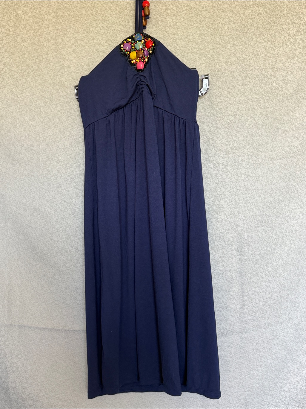 Navy Halter Midi Dress With Beaded Accent